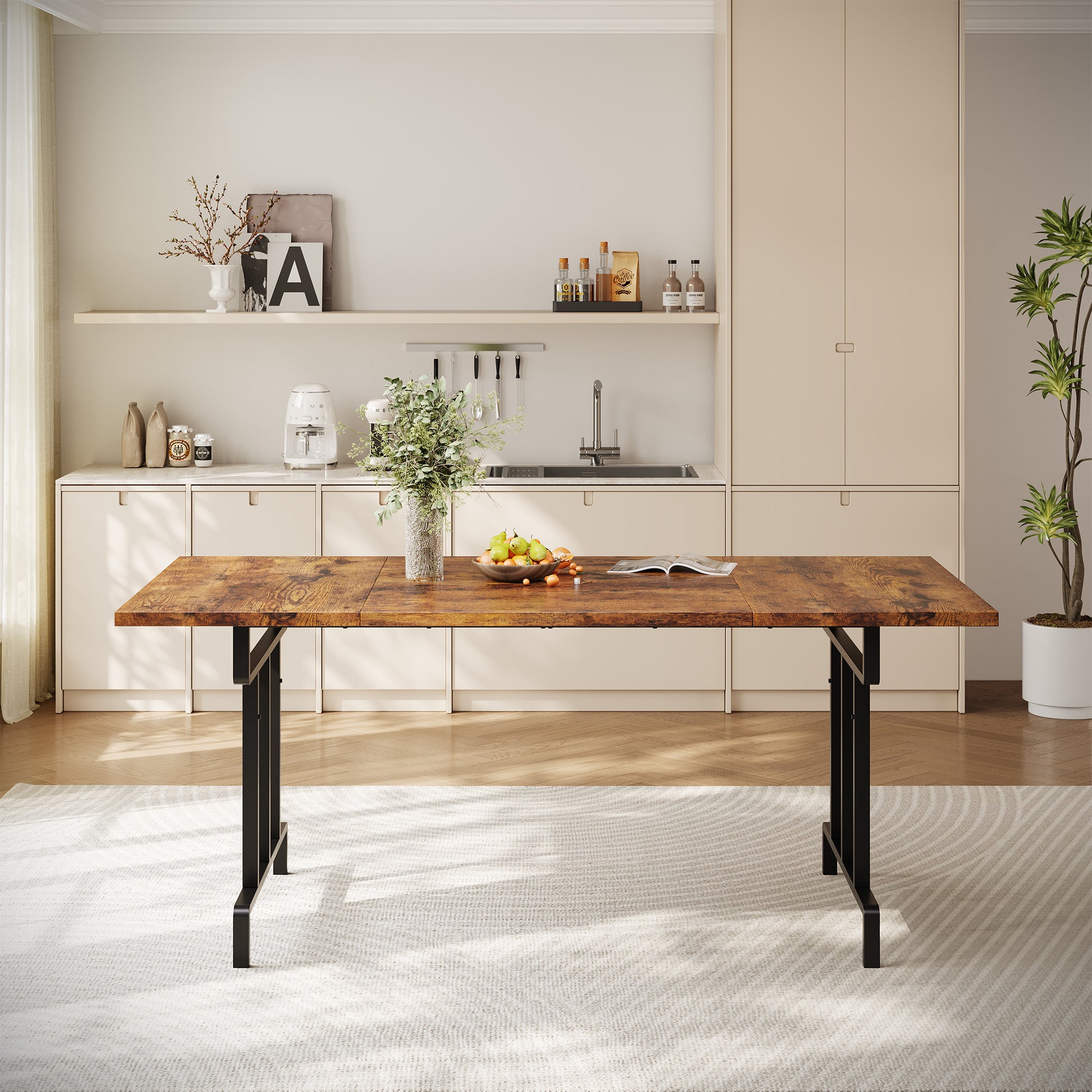 Garvee Farmhouse Dining Table for 6-8 People, 70.87" Rectangular Wood Dining Table, Rustic Style Kitchen Table with Heavy Duty Metal Legs for Dining Room, Home Office, Living Room, Brown