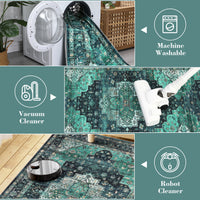 Garvee Persian Green 2x6 Area Machine Washable Vintage Printed Soft Low Pile Rugs, Oriental Accent Carpet with Non-Slip Backing, Stain-Resistant Distressed Floor Carpet for Living Room, Hallway, Laundry