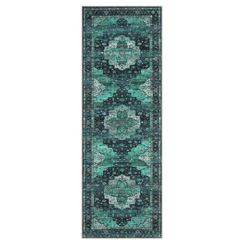 Garvee Persian Green 2x6 Area Machine Washable Vintage Printed Soft Low Pile Rugs, Oriental Accent Carpet with Non-Slip Backing, Stain-Resistant Distressed Floor Carpet for Living Room, Hallway, Laundry