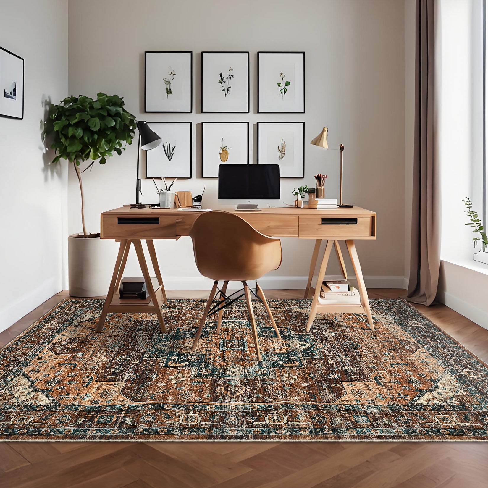 Garvee Persian Brown 5x7 Area Rugs, Machine Washable Vintage Printed Soft Low Pile Rugs, Oriental Accent Carpet with Non-Slip Backing, Stain-Resistant Distressed Floor Carpet for Living Room, Hallway, Laundry