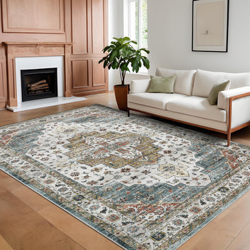 Garvee Persian Camel Green 5x7 Vintage Machine Washable Area Rug – Non-Slip, Stain-Resistant Oriental Low-Pile Carpet, Distressed Accent Rug for Bedroom, Office, Laundry, Camel Green