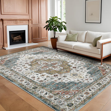 Garvee Persian Camel Green 5x7 Vintage Machine Washable Area Rug – Non-Slip, Stain-Resistant Oriental Low-Pile Carpet, Distressed Accent Rug for Bedroom, Office, Laundry, Camel Green