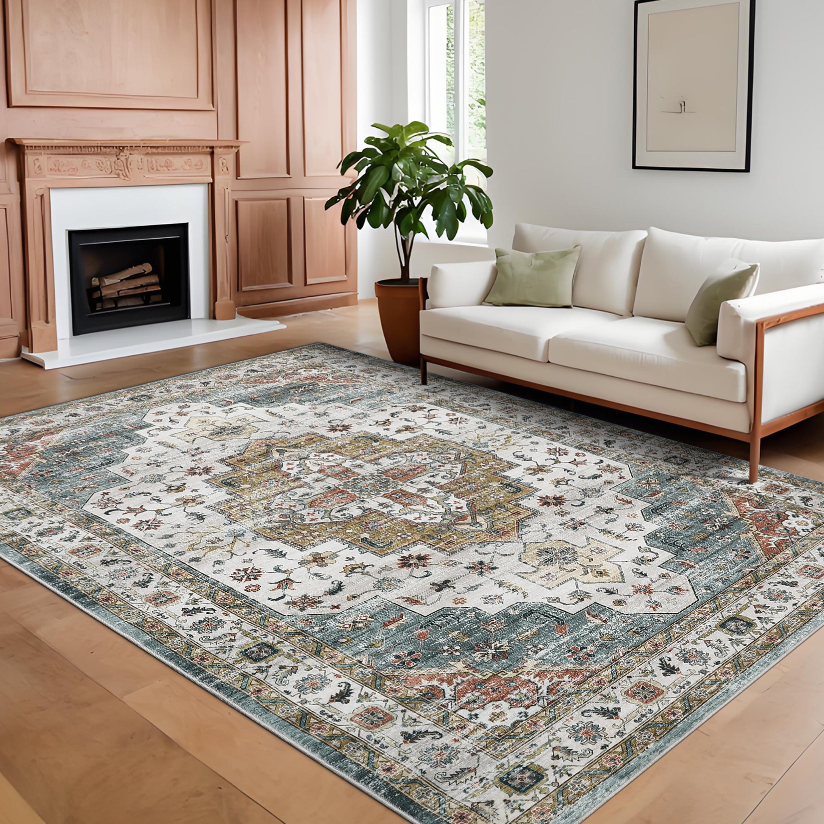 Garvee Persian Camel Green 5x7 Vintage Machine Washable Area Rug – Non-Slip, Stain-Resistant Oriental Low-Pile Carpet, Distressed Accent Rug for Bedroom, Office, Laundry, Camel Green