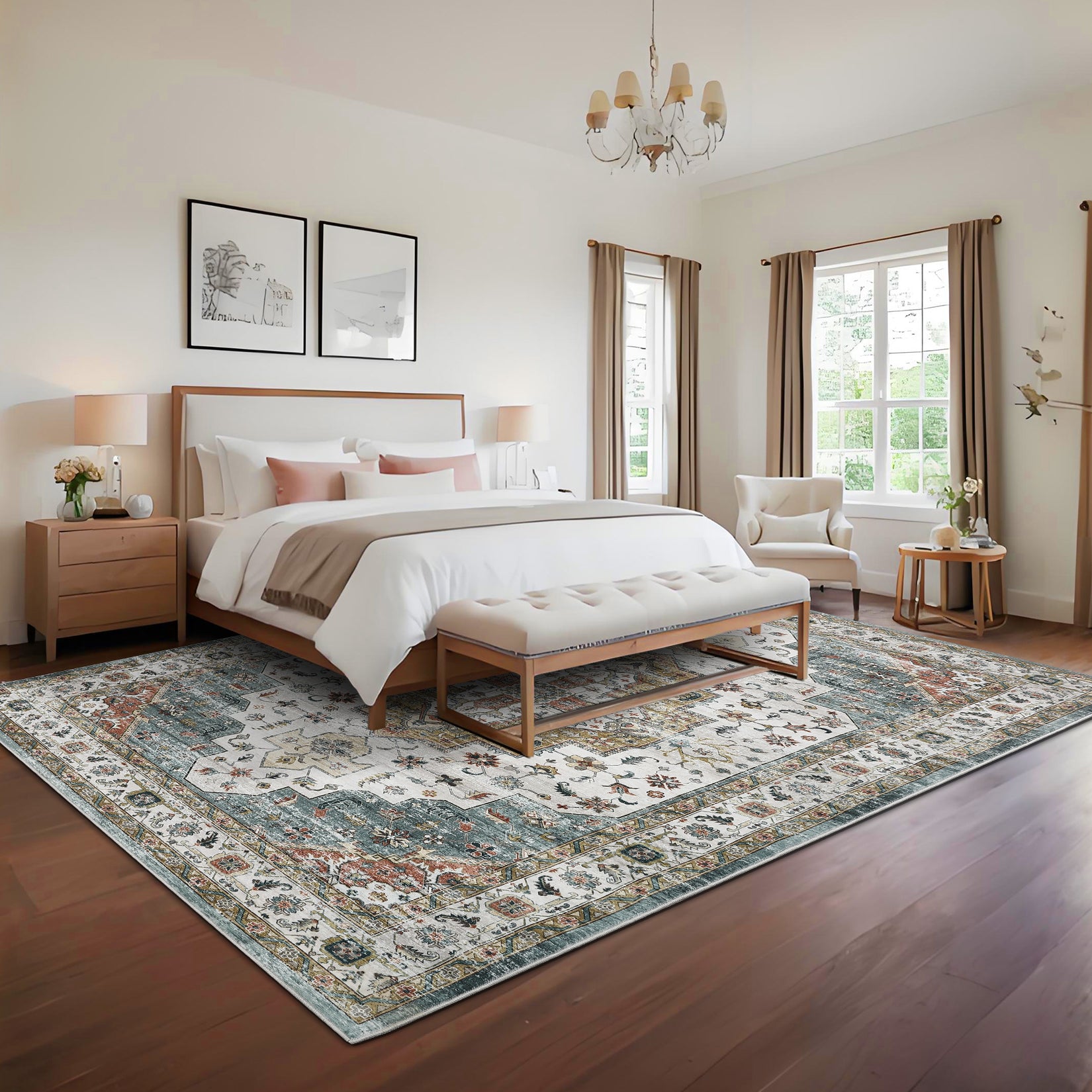 Garvee Persian Camel Green 10x13 Area Rugs, Large Machine Washable Oriental Carpet for Living Room, Non-Slip Vintage Floor Carpet, Stain-Resistant Soft Low Pile Distressed Accent Rugs for Bedroom, Camel Green