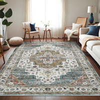 Garvee Persian Camel Green 5x7 Vintage Machine Washable Area Rug – Non-Slip, Stain-Resistant Oriental Low-Pile Carpet, Distressed Accent Rug for Bedroom, Office, Laundry, Camel Green