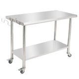 Garvee 48"L x 24"W x 35"H Nsf Commercial Stainless Steel Prep Table Work Table with Backsplash, Adjustable Undershelf, 5 Hooks and Wheels, Heavy Duty Workbench Workstation for Home Kitchen Restaurant Outd - With Casters / Without Backstop / Curved Edge / With Removable Waste Rack