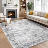 Garvee Persian Grey 9x12 Washable Area Rug for Living Room, Soft Vintage Distressed Large Bedroom Rug Retro Farmhouse Non Slip Low Pile Indoor Foldable Carpet for Dining Room Office - Gray