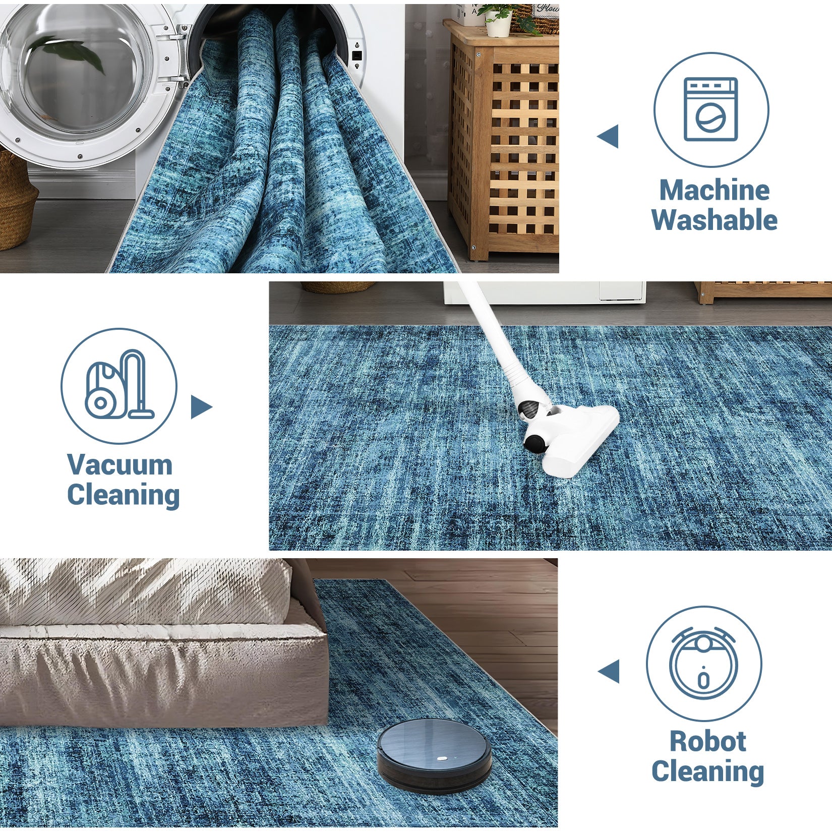 Garvee Persian Blue 9x12 Washable Area Rug for Living Room, Soft Vintage Distressed Large Bedroom Rug Retro Farmhouse Non Slip Low Pile Indoor Foldable Carpet for Dining Room Office