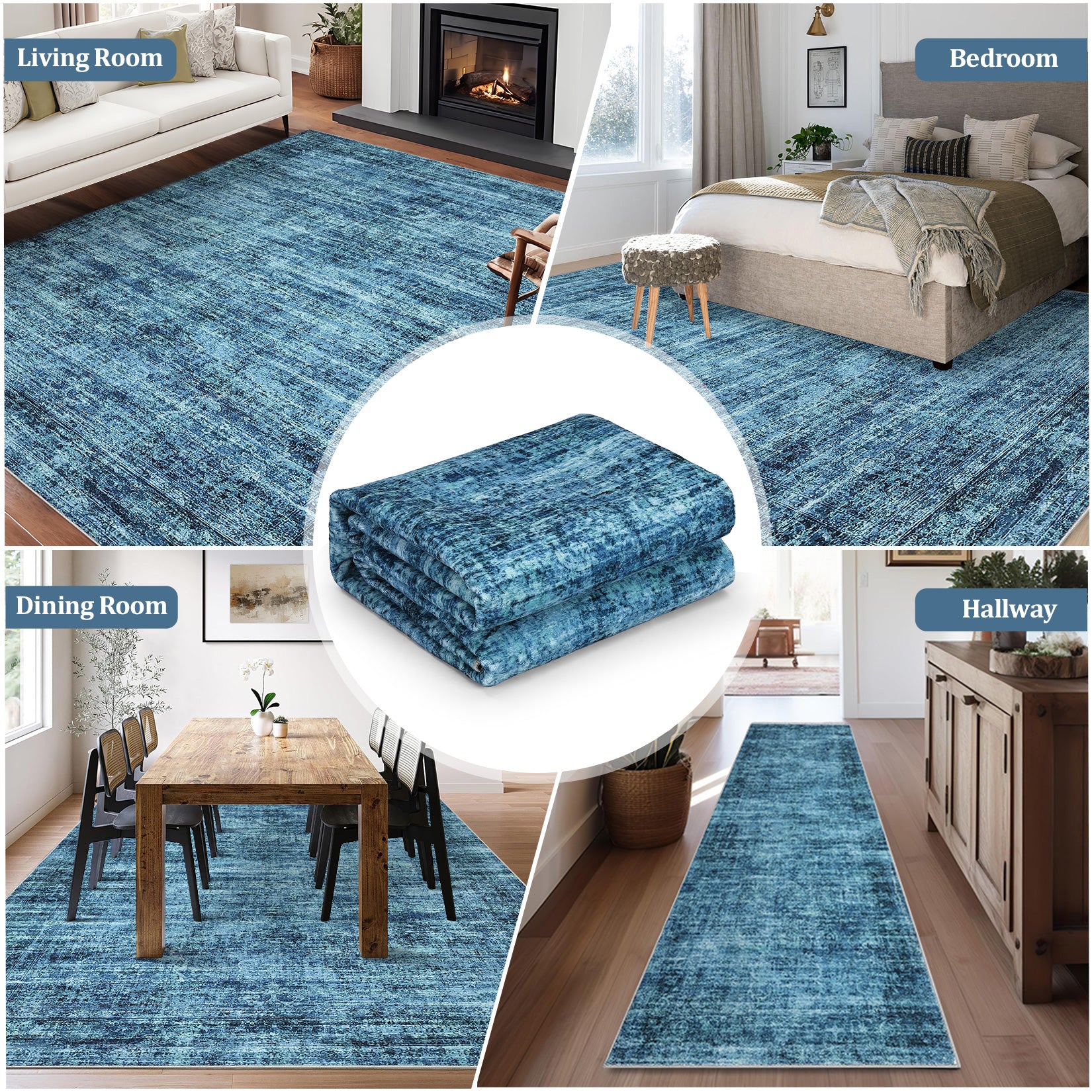 Garvee Persian Blue 9x12 Washable Area Rug for Living Room, Soft Vintage Distressed Large Bedroom Rug Retro Farmhouse Non Slip Low Pile Indoor Foldable Carpet for Dining Room Office