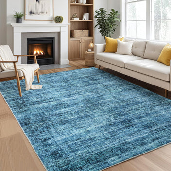 Garvee Persian Blue 5x7 Area Washable Rugs, Soft Vintage Distressed Large Living Room Rug Retro Farmhouse Non Slip Indoor Foldable Thin Carpet for Bedroom Dining Room Office