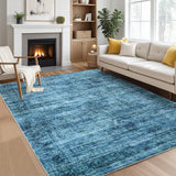 Garvee Persian Blue 8x10 Washable Area Rug, Soft Vintage Distressed Large Living Room Rug Retro Farmhouse Non Slip Low Pile Indoor Foldable Carpet for Bedroom Dining Room Office - Blue