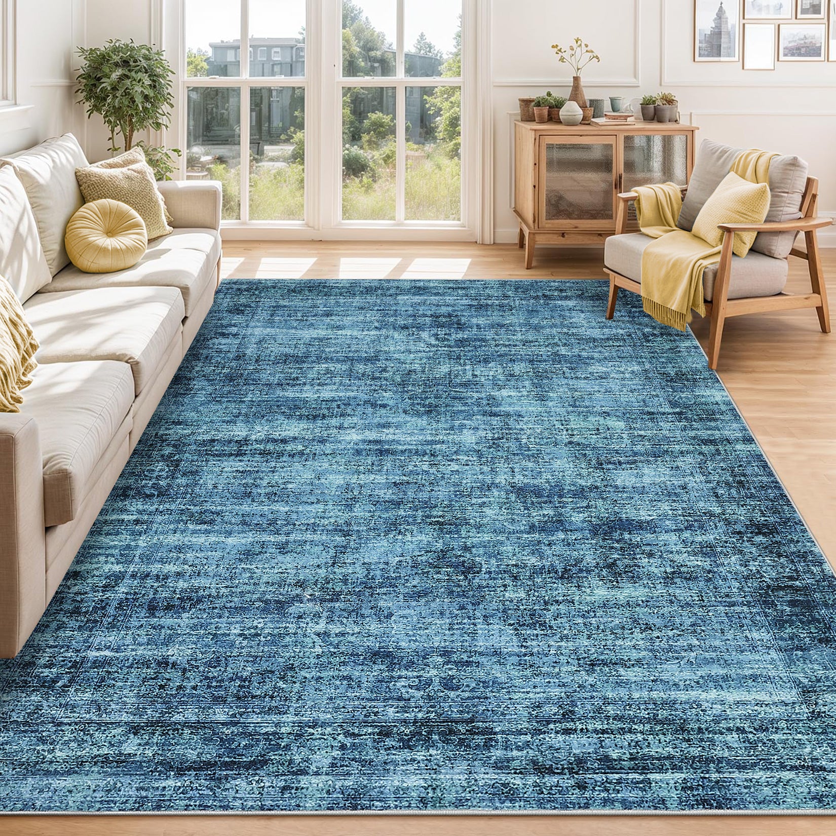 Garvee Persian Blue 5x7 Area Washable Rugs, Soft Vintage Distressed Large Living Room Rug Retro Farmhouse Non Slip Indoor Foldable Thin Carpet for Bedroom Dining Room Office