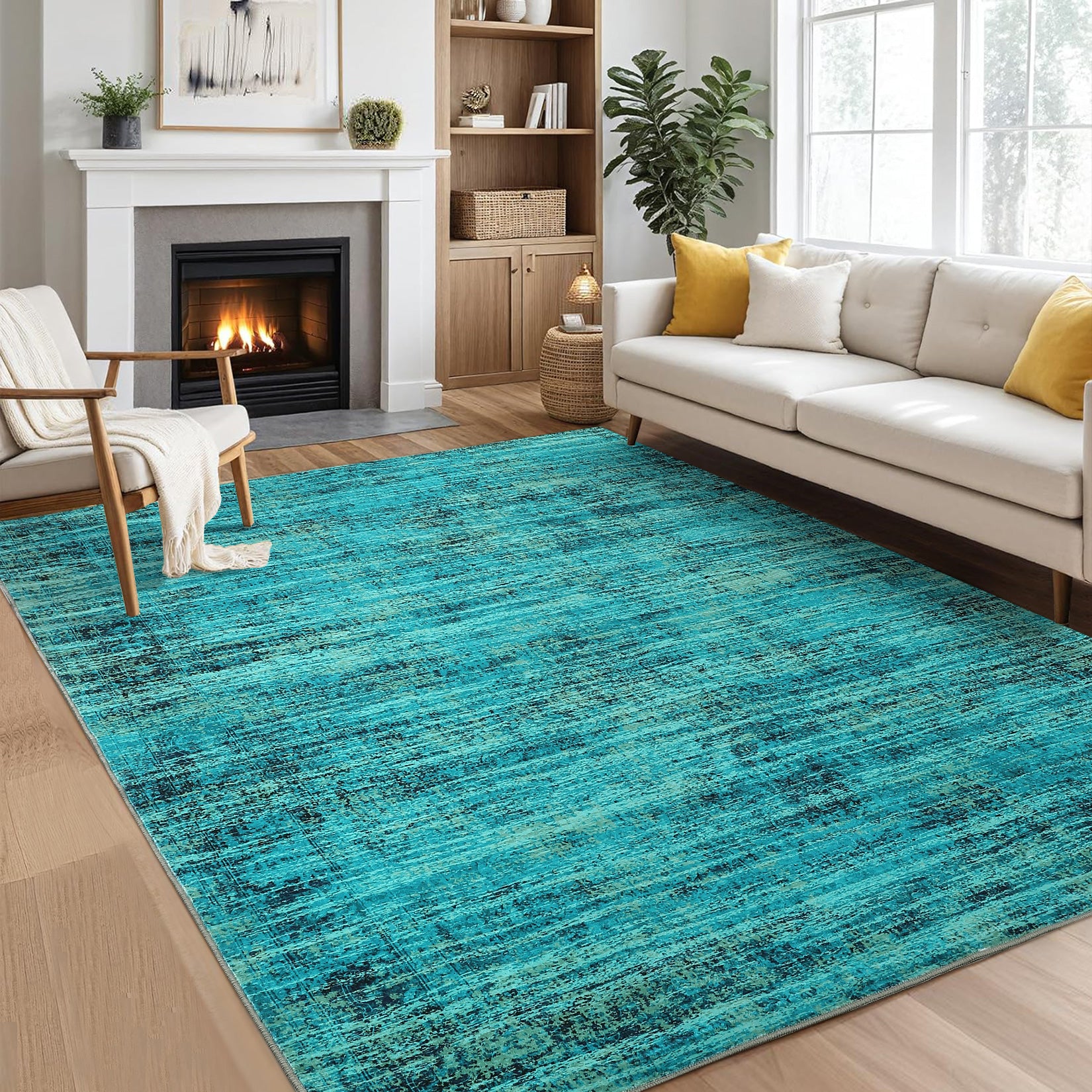 Garvee Persian Green Pine 8x10 Washable Area Rug for Living Room, Soft Vintage Distressed Large Bedroom Rug Retro Farmhouse Non Slip Low Pile Indoor Foldable Carpet for Dining Room Office