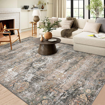 Garvee Washable Area Rugs for Living Room, 5x7 Soft Vintage Bedroom Rug Foldable Non-Slip Low Pile Area Rug Farmhouse Throw Carpet for Dining Room Home (Taupe, 5'x7')