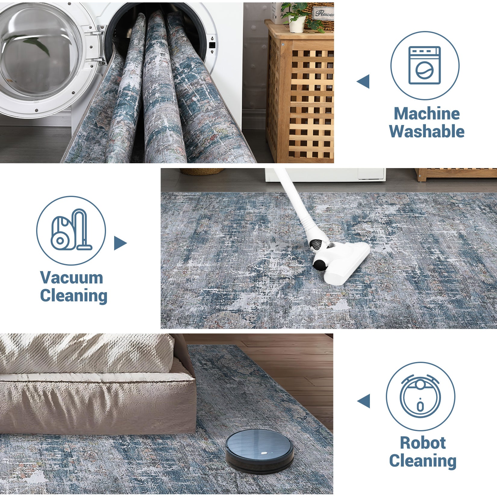 Garvee Vintage Area Rug, 5x7 Boho Washable Living Room Bedroom Rug Retro Non-Slip Non-Shedding Low Pile Farmhouse Area Rug Throw Rug for Dining Room Home (Blue/Grey, 5'x7')