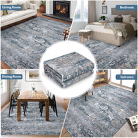 Garvee Vintage Area Rug, 5x7 Boho Washable Living Room Bedroom Rug Retro Non-Slip Non-Shedding Low Pile Farmhouse Area Rug Throw Rug for Dining Room Home (Blue/Grey, 5'x7')