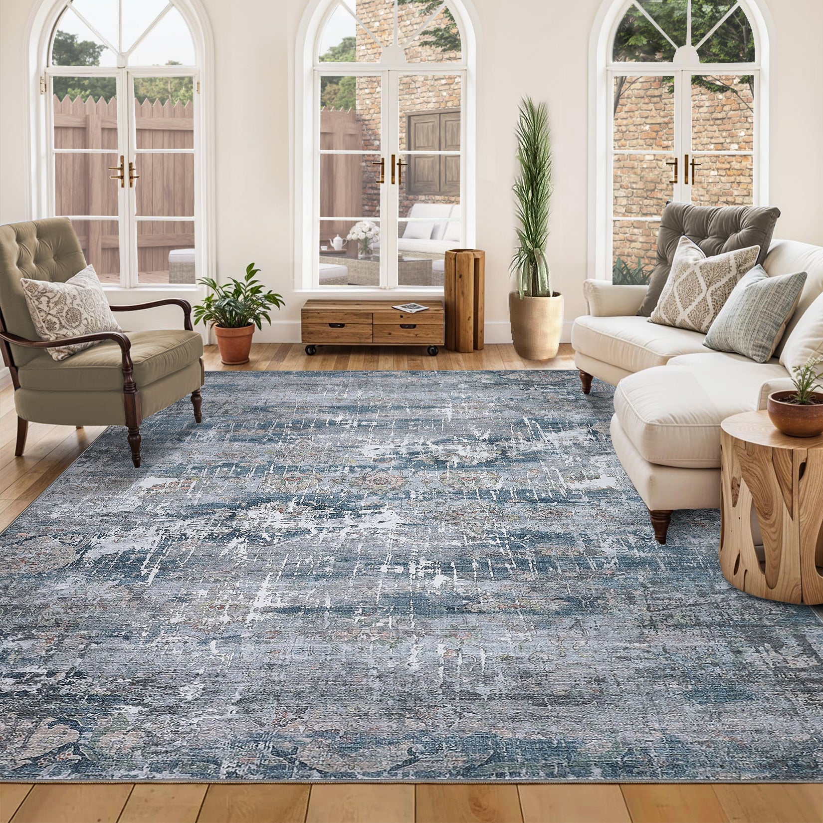 Garvee Vintage Area Rug, 5x7 Boho Washable Living Room Bedroom Rug Retro Non-Slip Non-Shedding Low Pile Farmhouse Area Rug Throw Rug for Dining Room Home (Blue/Grey, 5'x7')