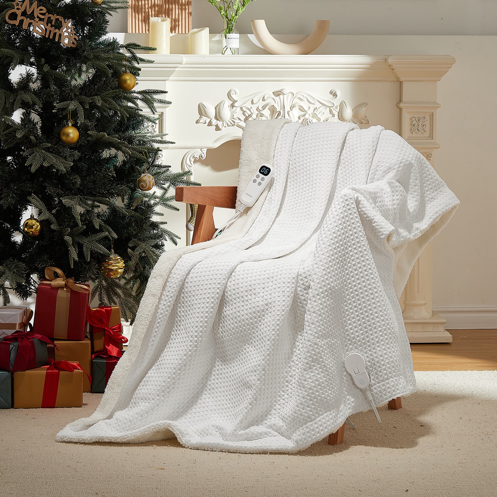 Garvee Waffle Heated Throw Blanket, Machine Washable Electric Blankets Fast Heating with LCD Controller, 6 Heat Levels & 1-4H Time Settings, ETL Certified Heat Throw for Couch, White, 50" x 60"
