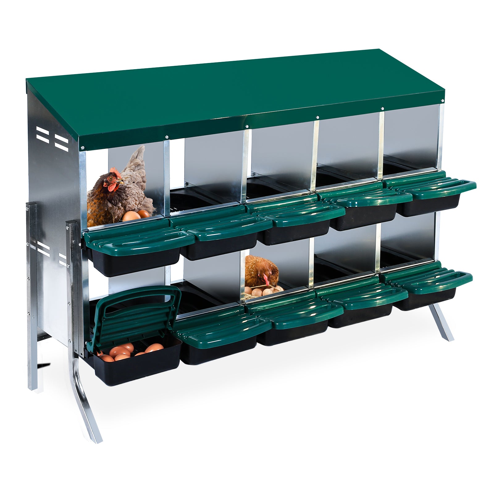 Garvee 10-Compartments Chicken Nest Box - Green Roll-Away Design w/Lid Cover & Legs for Coop Laying Boxes for Hens, Nest Boxes