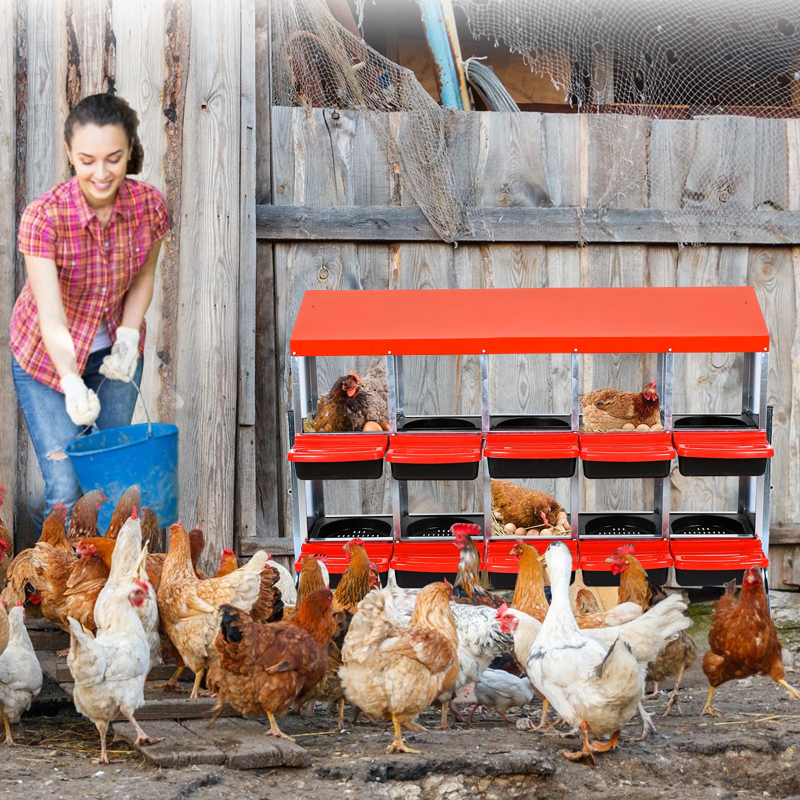 GARVEE 10-Compartments Chicken Nest Box - Red Roll-Away Design w/Lid Cover & Legs for Coop Laying Boxes for Hens, Nest Boxes