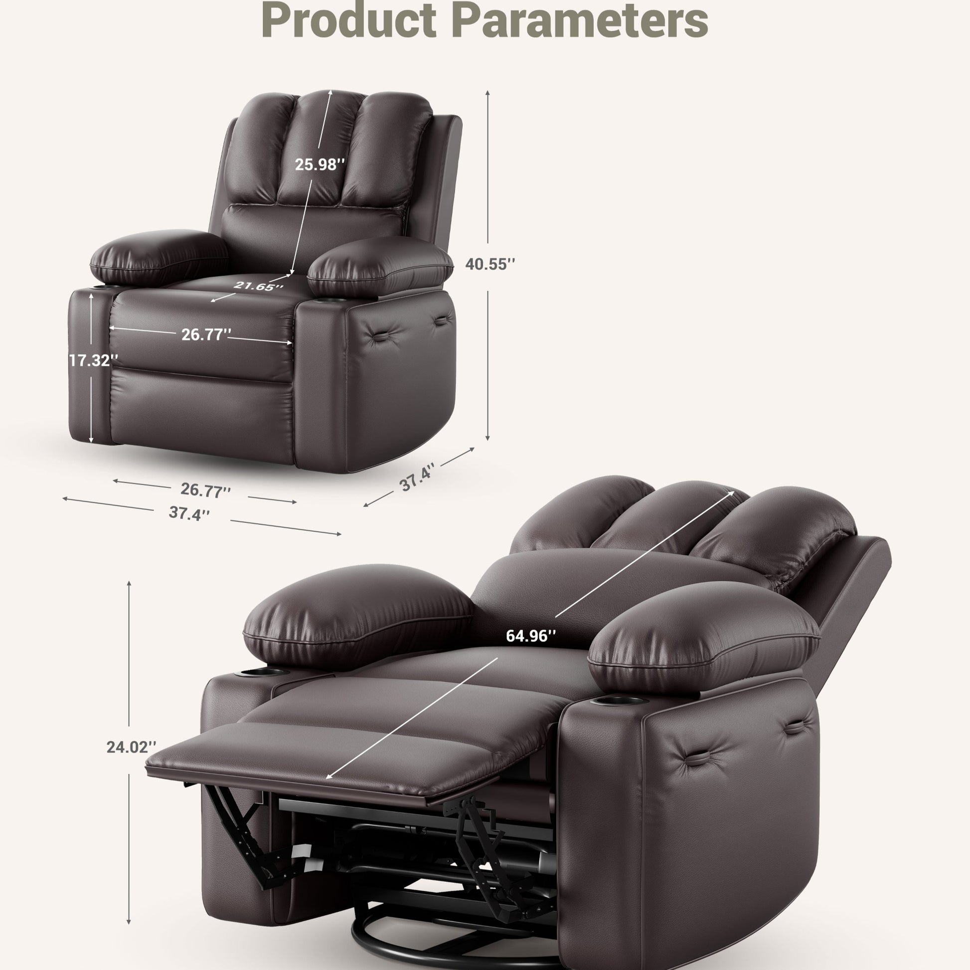 Garvee PU Leather Recliner Chair, Extra Wide 27" Manual Rocking Recliner w/ Comfortable Arms and Cup Holders for Living Room - Brown, Large