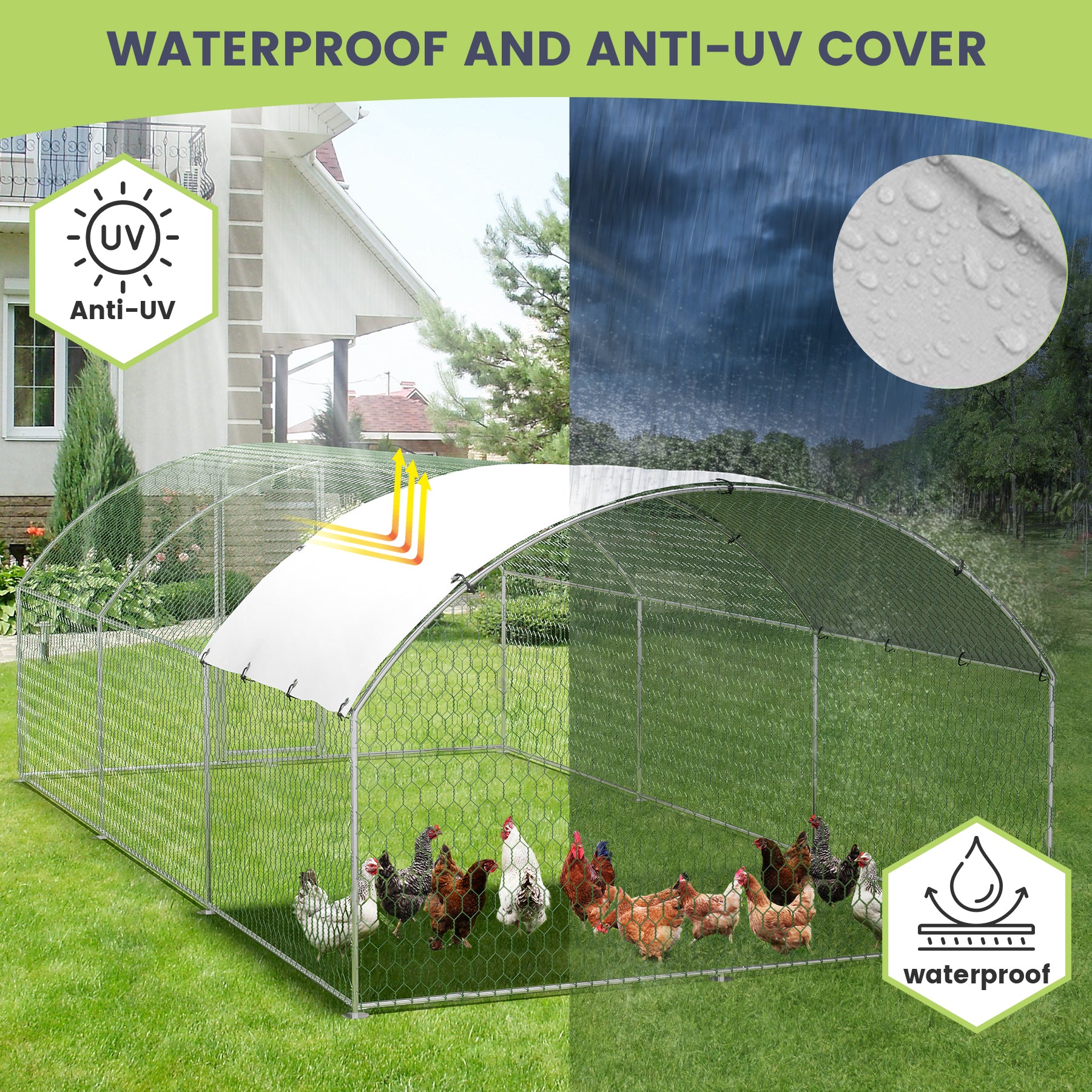 Garvee Large Metal Chicken Coop, Doom Roof Large Chicken Run for Yard, Walk-In Poultry Cage with Waterproof and Anti-Uv Cover, Chicken Pen for Outdoor Backyard Farm (9.8x19.7x6.6FT)