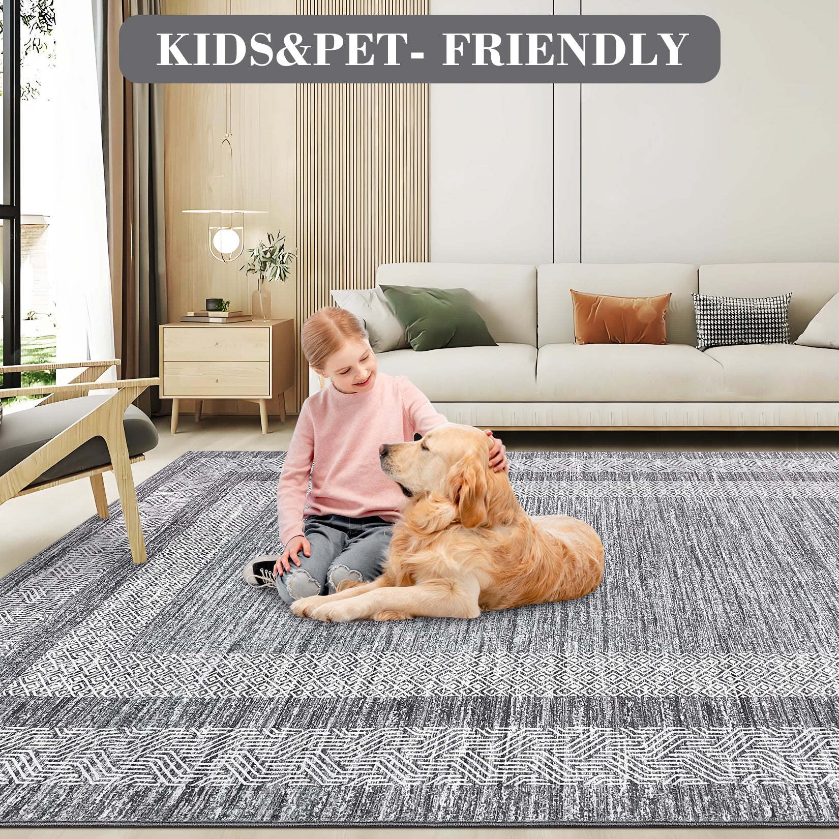 Garvee Bordered Grey 2x6 Modern Bordered Runner Rug Soft Non Slip Runner Washable Non Shedding Floor Carpet, Distressed Geometric Hallway Runner, Indoor Printed Runner for Kitchen, Entrance
