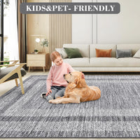 Garvee Bordered Grey 5x7 Modern Geometric Area Distressed Rug Washable Non Slip Floor Carpet Non Shedding Thin Rug, Soft Low Pile Rug, Contemporary Gray Rug for Dining Room, Living Room