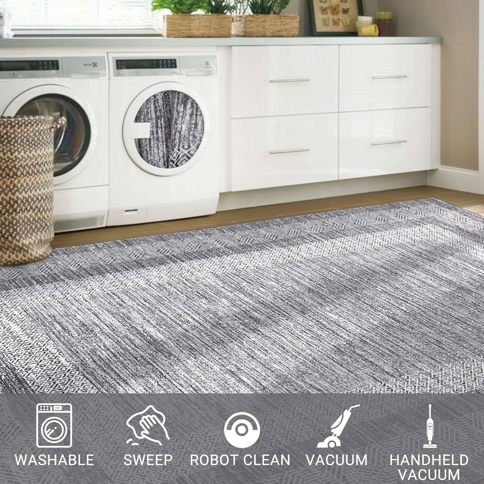 Garvee Bordered Grey 2x6 Modern Bordered Runner Rug Soft Non Slip Runner Washable Non Shedding Floor Carpet, Distressed Geometric Hallway Runner, Indoor Printed Runner for Kitchen, Entrance