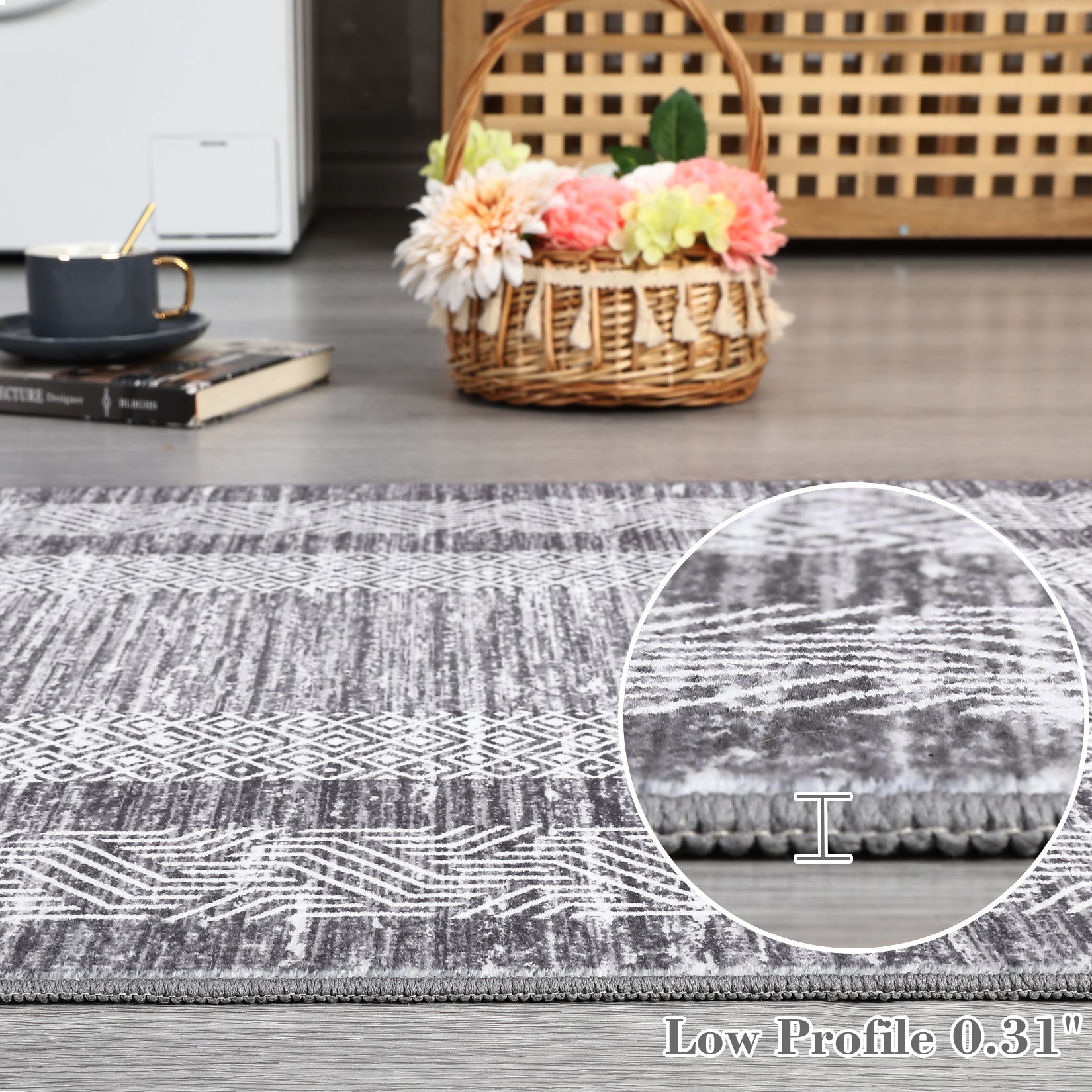 Garvee Bordered Grey 2x6 Modern Bordered Runner Rug Soft Non Slip Runner Washable Non Shedding Floor Carpet, Distressed Geometric Hallway Runner, Indoor Printed Runner for Kitchen, Entrance