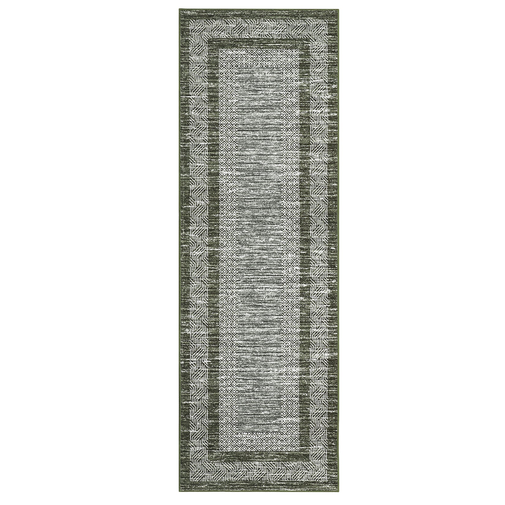 Garvee Bordered Green 2x6 Runner Modern Rug Soft Non Slip Runner Washable Non Shedding Floor Carpet, Distressed Geometric Hallway Runner, Indoor Printed Runner for Kitchen, Entrance