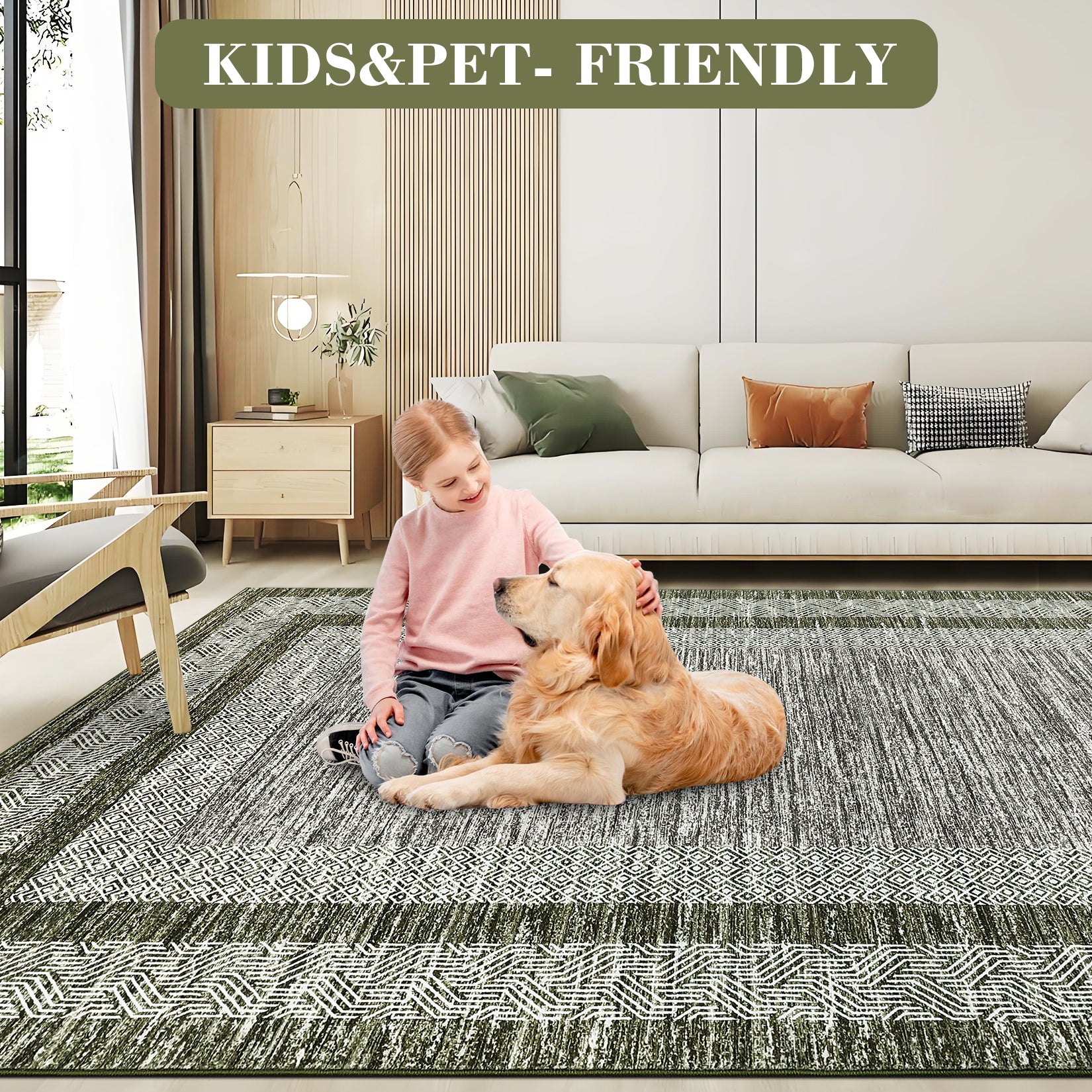Garvee Bordered Green 5x7 Modern Area Rug Distressed Washable Non-Slip Thin Carpet, Soft Low-Pile Contemporary Green Rug for Living/Dining Room
