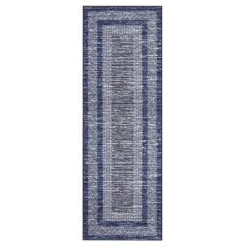 Garvee Bordered Blue 2x6 Modern Runner Rug Soft Non Slip Runner Washable Non Shedding Floor Carpet, Distressed Geometric Hallway Runner, Indoor Printed Runner for Kitchen, Entrance, Blue