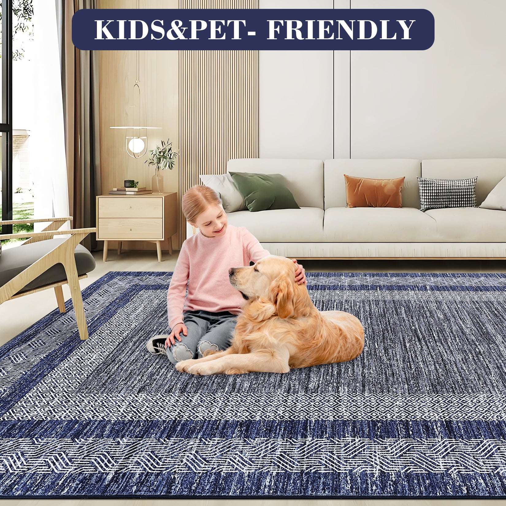 Garvee Bordered Blue 2x6 Modern Runner Rug Soft Non Slip Runner Washable Non Shedding Floor Carpet, Distressed Geometric Hallway Runner, Indoor Printed Runner for Kitchen, Entrance, Blue