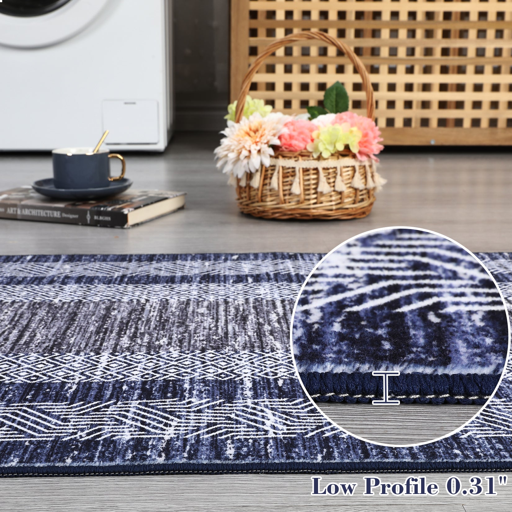 Garvee Bordered Blue 2x6 Modern Runner Rug Soft Non Slip Runner Washable Non Shedding Floor Carpet, Distressed Geometric Hallway Runner, Indoor Printed Runner for Kitchen, Entrance, Blue