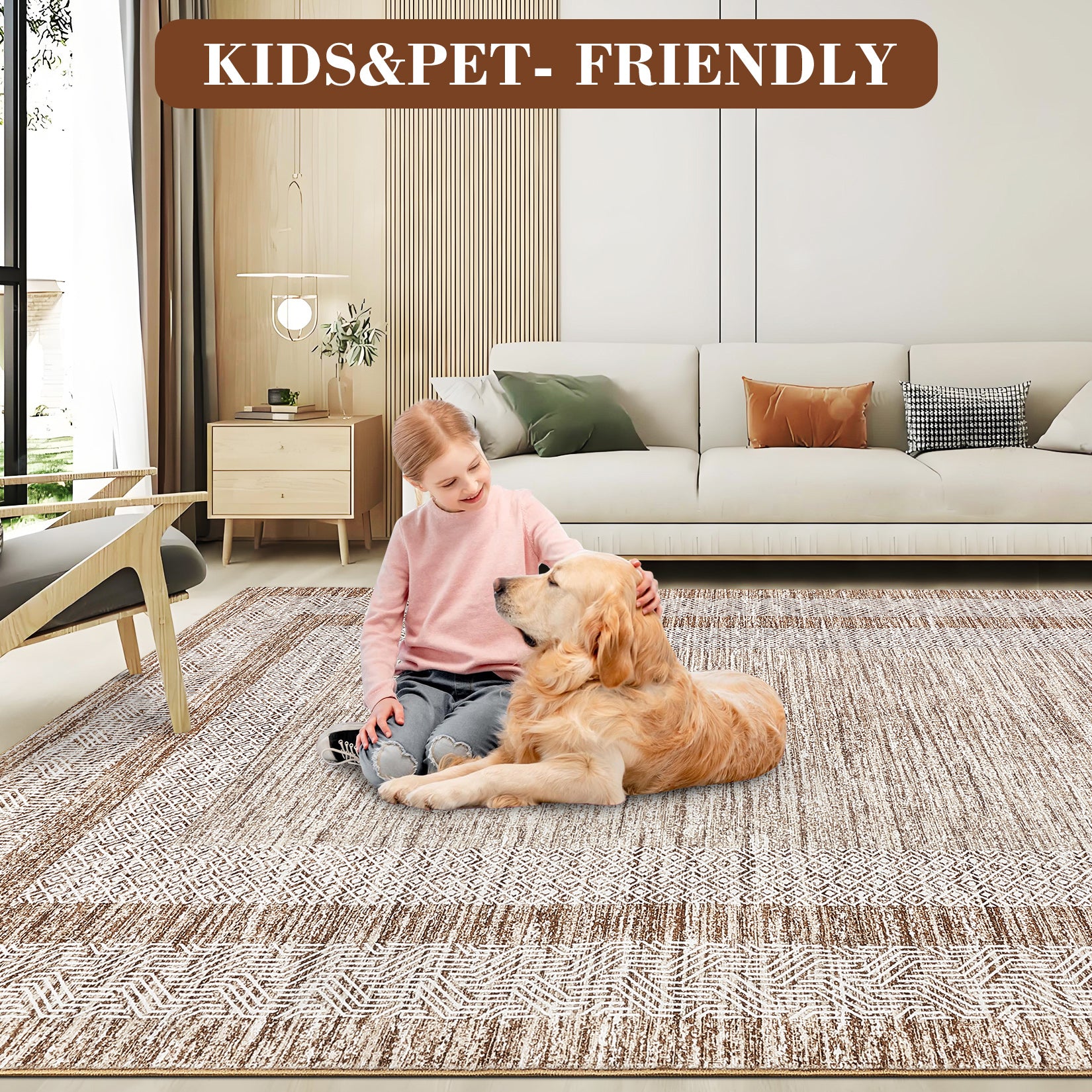 Garvee Bordered Brown 10x13 Large Washable Geometric Area Rug Non Slip Non Shedding Floor Carpet, Modern Bordered Rug, Distressed Blue Rug, Indoor Printed Rug for Living Room, Bedroom, Office