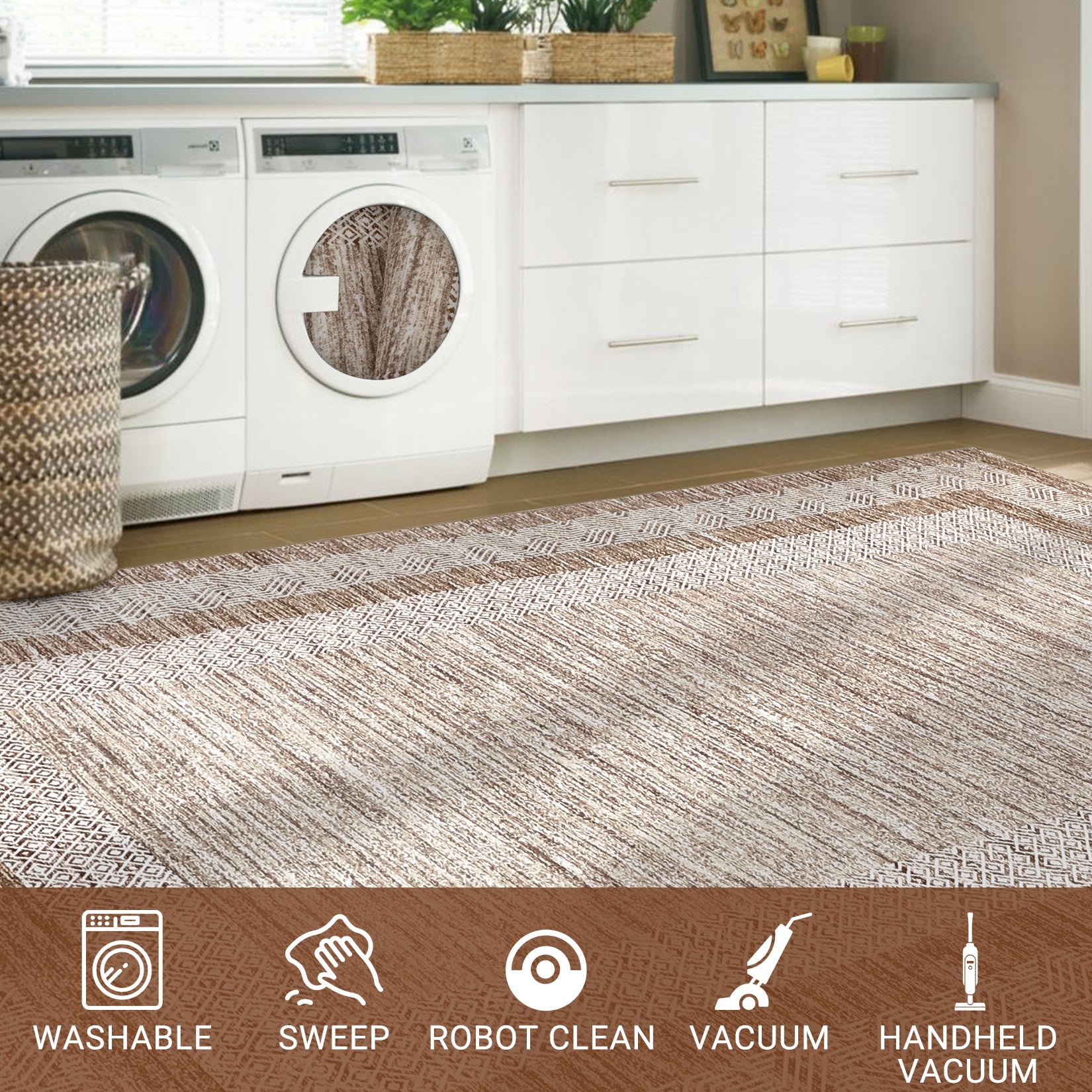 Garvee Bordered Brown 9x12 Large Modern Area Rug Distressed Rug Soft Non Shedding Floor Carpet, Geometric Rug, Washable Non Slip Rug, Low Pile Indoor Area Rug for Living Room, Bedroom