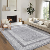 Garvee Bordered Grey 5x7 Modern Geometric Area Distressed Rug Washable Non Slip Floor Carpet Non Shedding Thin Rug, Soft Low Pile Rug, Contemporary Gray Rug for Dining Room, Living Room - Gray