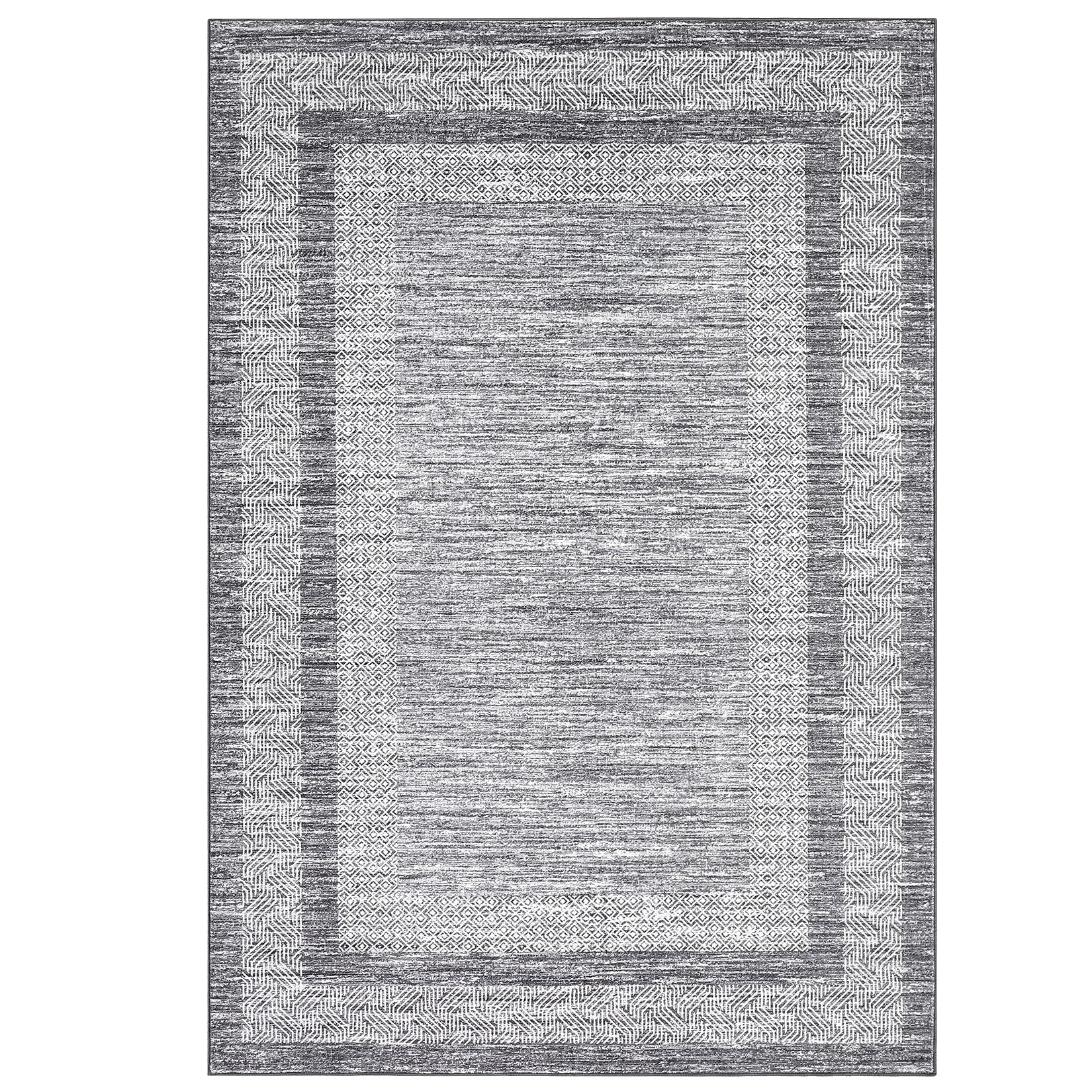 Garvee Bordered Grey 9x12 Large Area Distressed Modern Rug Soft Non Shedding Floor Carpet, Geometric Rug, Washable Non Slip Rug, Low Pile Indoor Area Rug for Living Room, Bedroom