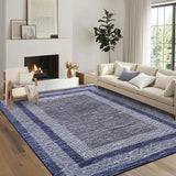 Garvee Bordered Blue 9x12 Large Modern Blue Area Rug Distressed Rug Soft Non Shedding Floor Carpet, Geometric Rug, Washable Non Slip Rug, Low Pile Indoor Area Rug for Living Room, Bedroom - Blue