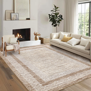 Garvee Bordered Brown 9x12 Large Modern Area Rug Distressed Rug Soft Non Shedding Floor Carpet, Geometric Rug, Washable Non Slip Rug, Low Pile Indoor Area Rug for Living Room, Bedroom