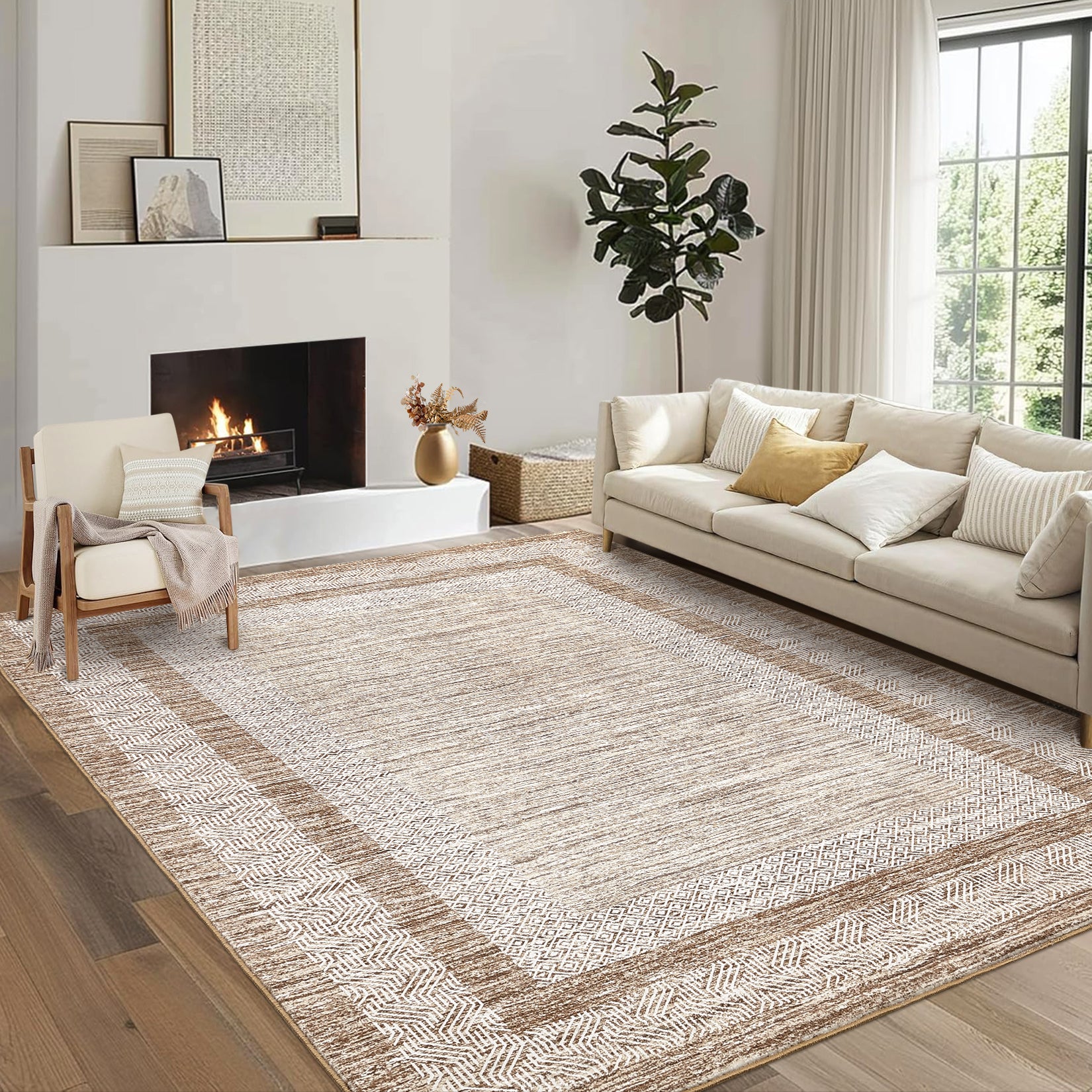 Garvee Bordered Brown 9x12 Large Modern Area Rug Distressed Rug Soft Non Shedding Floor Carpet, Geometric Rug, Washable Non Slip Rug, Low Pile Indoor Area Rug for Living Room, Bedroom