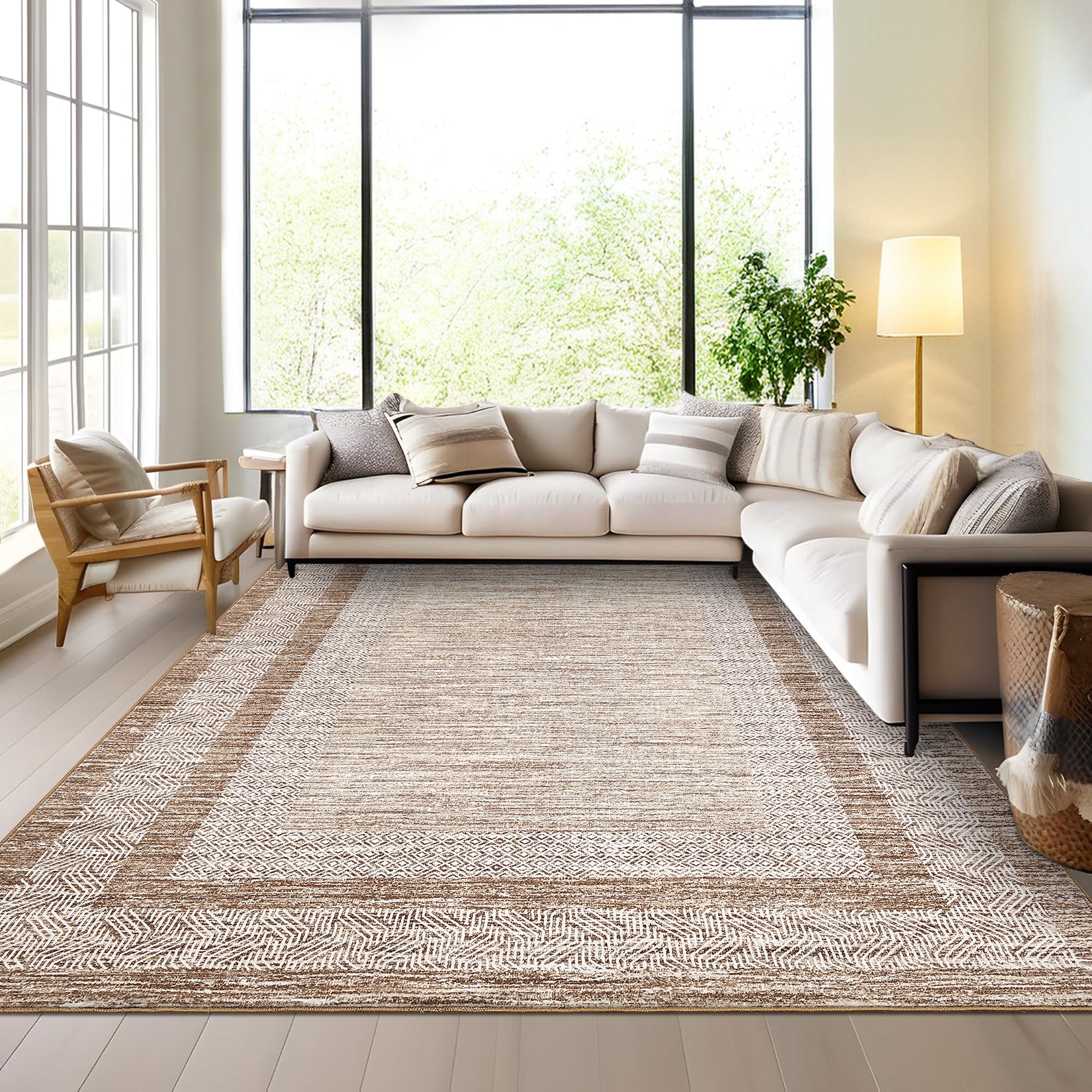 Garvee Bordered Brown 9x12 Large Modern Area Rug Distressed Rug Soft Non Shedding Floor Carpet, Geometric Rug, Washable Non Slip Rug, Low Pile Indoor Area Rug for Living Room, Bedroom