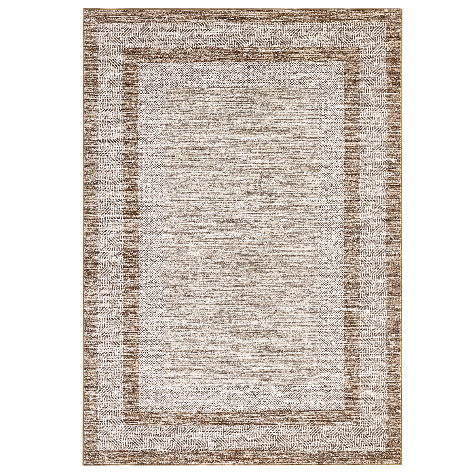 Garvee Bordered Brown 9x12 Large Modern Area Rug Distressed Rug Soft Non Shedding Floor Carpet, Geometric Rug, Washable Non Slip Rug, Low Pile Indoor Area Rug for Living Room, Bedroom