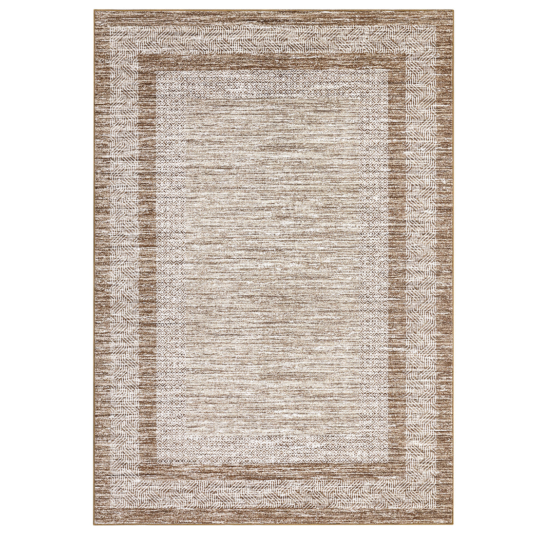 Garvee 8' x 10' Bordered Washable Area Rug, Distressed Geometric Non-Slip Soft Low-Pile Rug for Living Room, Bedroom & Dining Room, Brown