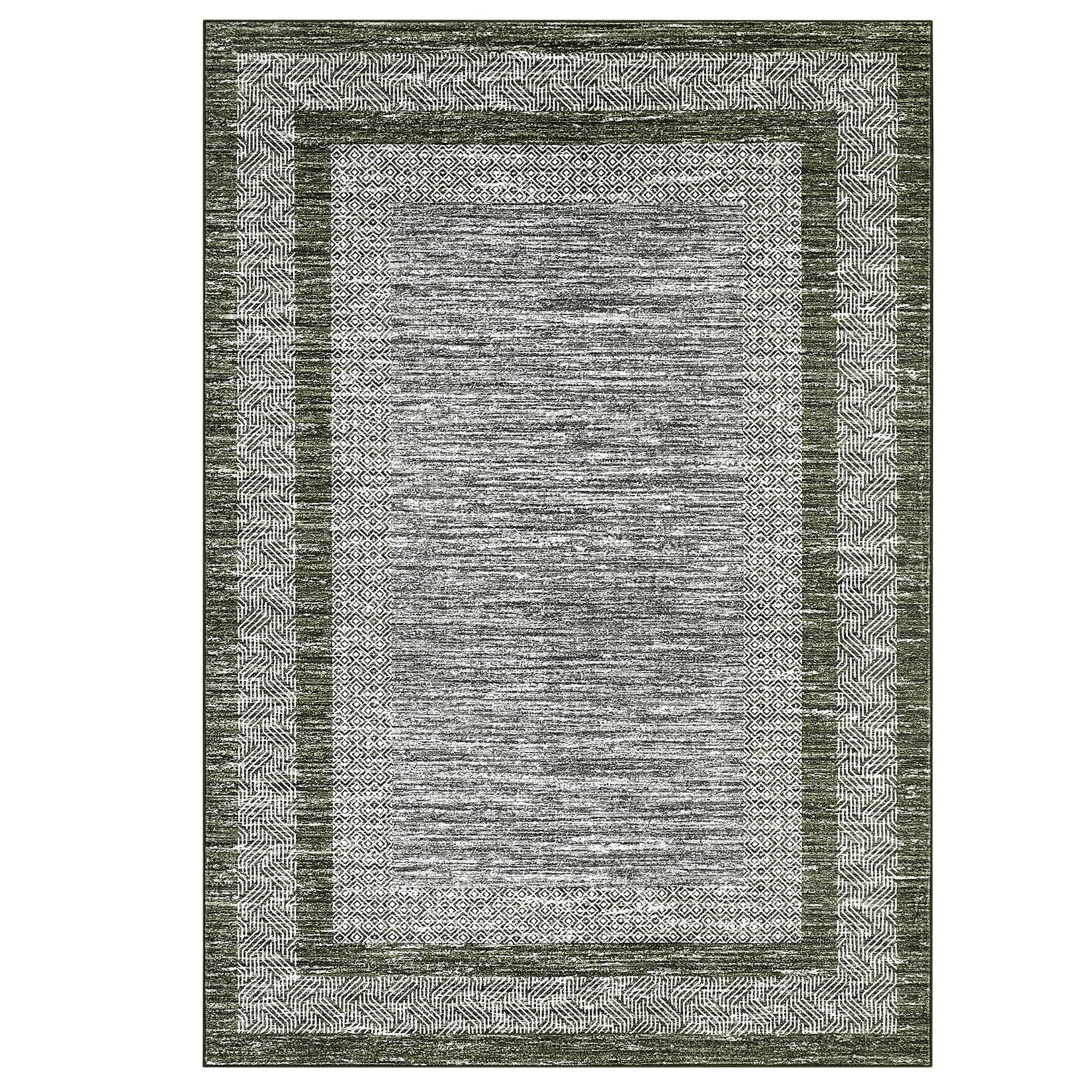 Garvee Bordered Green 9x12 Modern Area Distressed Rug Soft Non Shedding Floor Carpet, Geometric Rug, Washable Non Slip Rug, Low Pile for Living Room, Bedroom