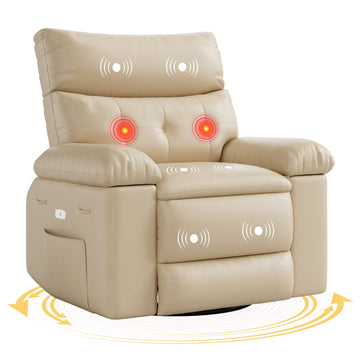Garvee 360 Degree Swivel Recliner Chair for Adults, Oversized Electric Rocker Recliner with Massage and Heating, Faux Leather Single Sofa Chair  for Living Room Bedroom, Beige