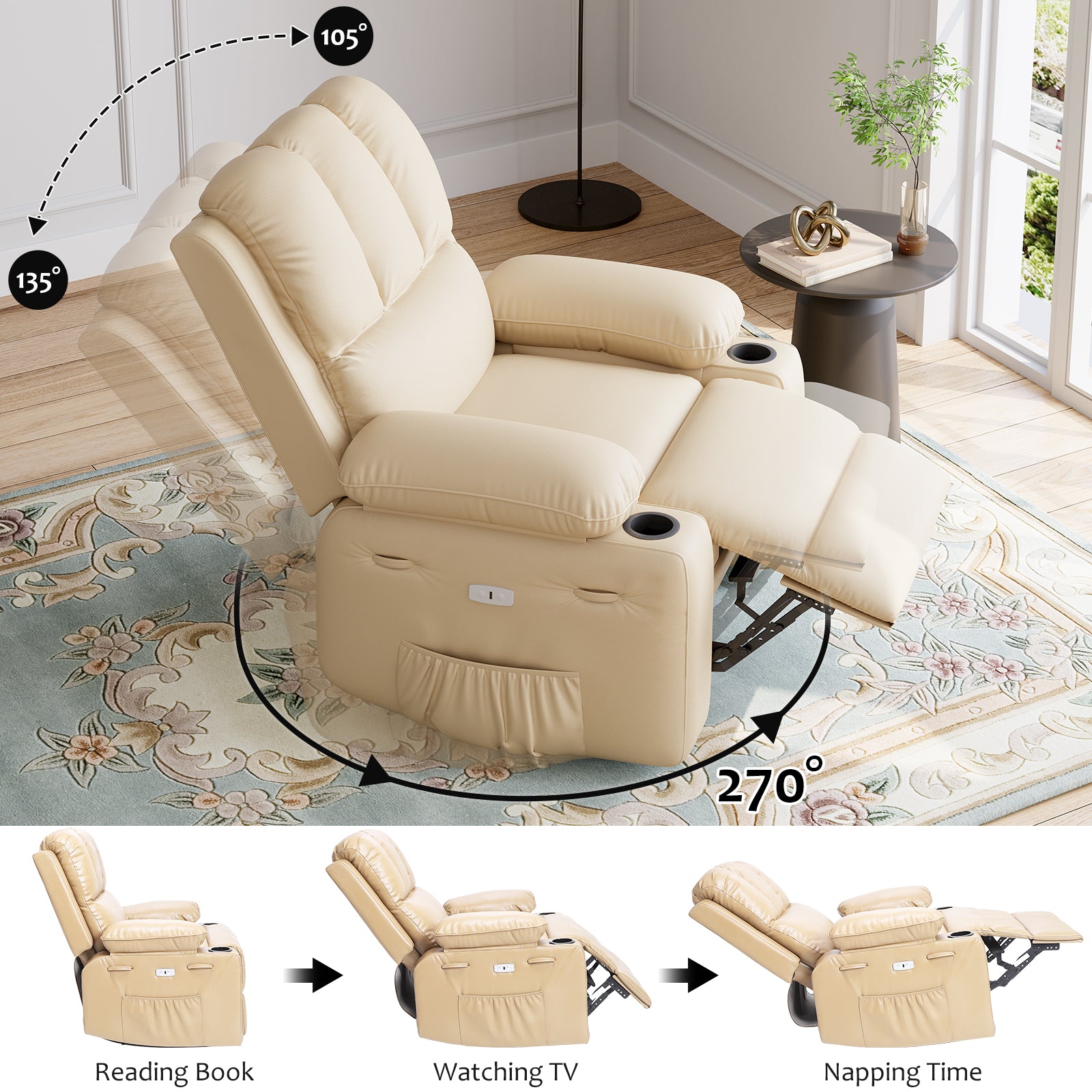 Garvee 27" Width Electric Power Oversized Rocker Swivel Recliner Chair, USB Charger Lazy Boy for Adults, w/Vibrating Massage and Heating, 1.5X Sponge Filling for Living Room, Bedroom and Nursery