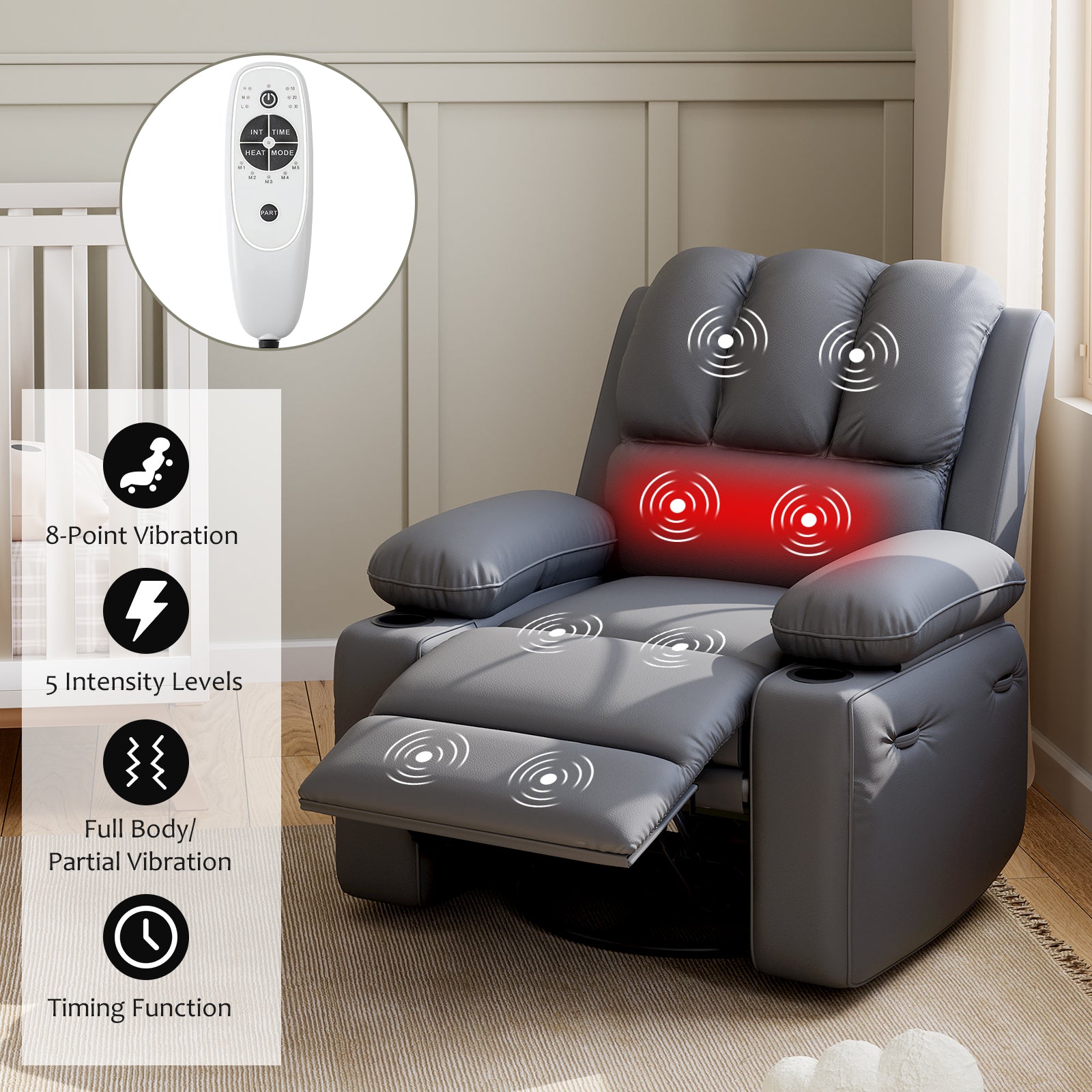 Garvee 27" Width Electric Power Oversized Rocker Swivel Recliner Chair, USB Charger Lazy Boy for Adults, w/Vibrating Massage and Heating, 1.5X Sponge Filling for Living Room, Bedroom and Nursery