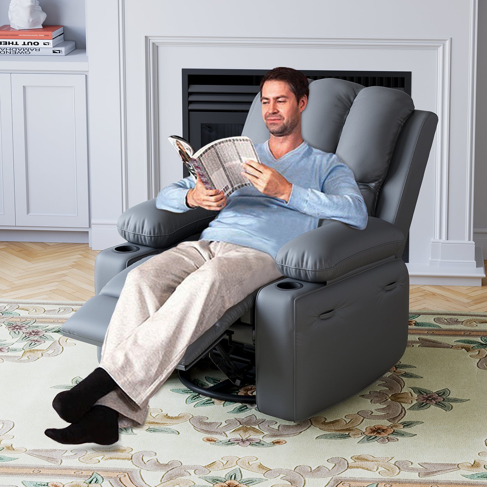 Garvee 27" Width Electric Power Oversized Rocker Swivel Recliner Chair, USB Charger Lazy Boy for Adults, w/Vibrating Massage and Heating, 1.5X Sponge Filling for Living Room, Bedroom and Nursery
